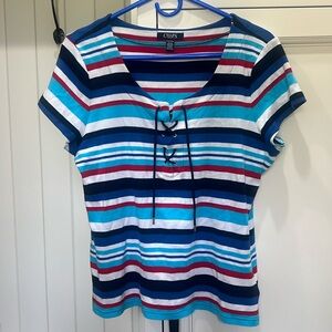 Chaps Striped Short Sleeve‎ Lace Up Tee Shirt Women’s Petite XL. Red White Blue